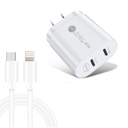 002 40W Dual Port PD / Type-C Fast Charger with USB-C to 8 Pin Data Cable, US Plug(White) - USB Charger by buy2fix | Online Shopping UK | buy2fix