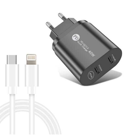002 40W Dual Port PD / Type-C Fast Charger with USB-C to 8 Pin Data Cable, EU Plug(Black) - USB Charger by buy2fix | Online Shopping UK | buy2fix