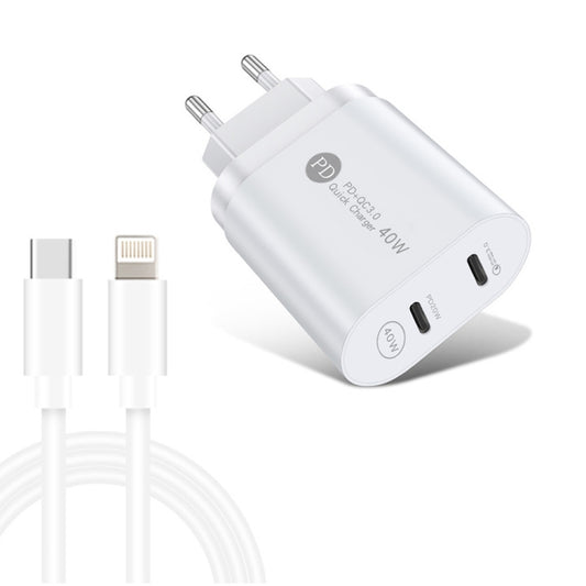002 40W Dual Port PD / Type-C Fast Charger with USB-C to 8 Pin Data Cable, EU Plug(White) - USB Charger by buy2fix | Online Shopping UK | buy2fix