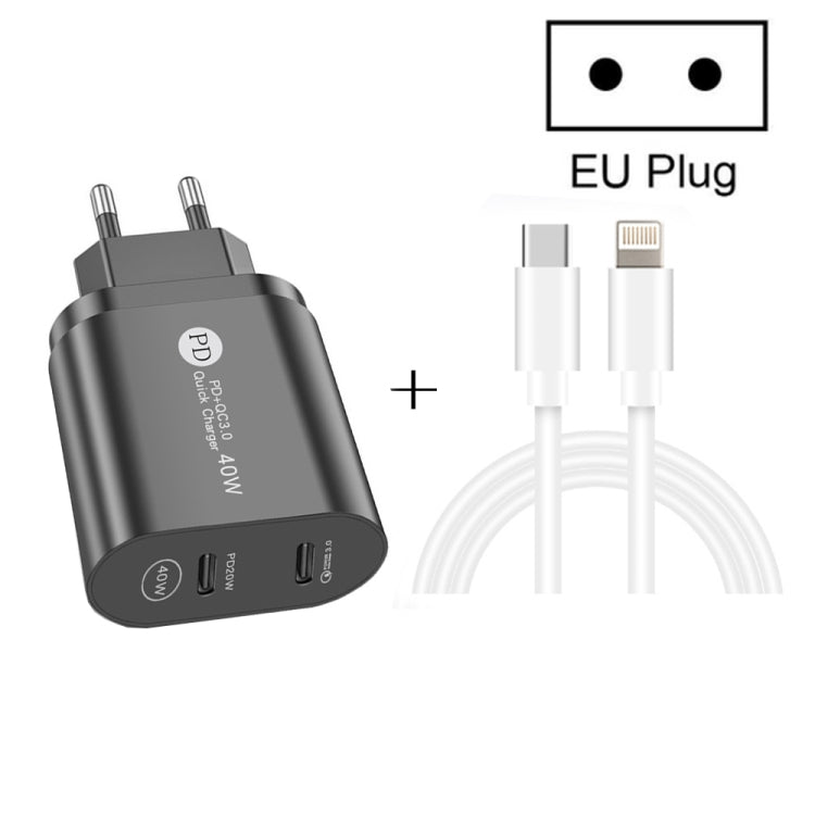 002 40W Dual Port PD / Type-C Fast Charger with USB-C to 8 Pin Data Cable, EU Plug(Black) - USB Charger by buy2fix | Online Shopping UK | buy2fix