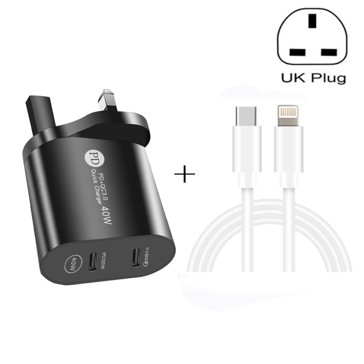 002 40W Dual Port PD / Type-C Fast Charger with USB-C to 8 Pin Data Cable, UK Plug(White) - USB Charger by buy2fix | Online Shopping UK | buy2fix