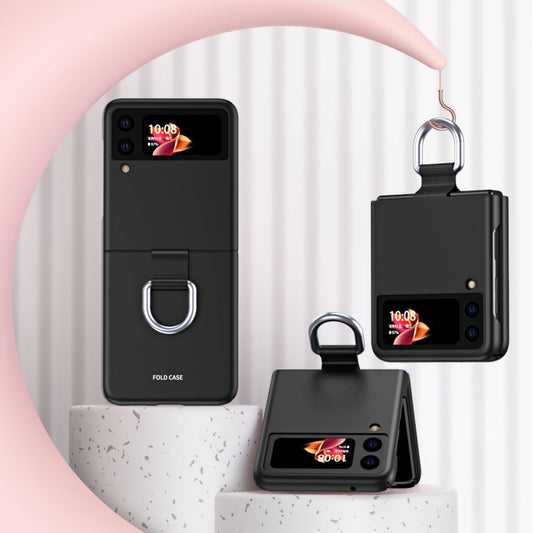 For Samsung Galaxy Z Flip3 5G Skin Feel Folding Phone Case with Drawstring Key Chain(Black) - Galaxy Phone Cases by buy2fix | Online Shopping UK | buy2fix