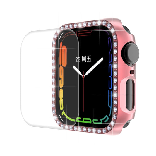 ENKAY Hat-Prince Electroplate PC Diamond Watch Case + Full Coverage Curved PET Screen Protector Film For Apple Watch Series 8 / 7 45mm(Pink) - Watch Cases by ENKAY | Online Shopping UK | buy2fix