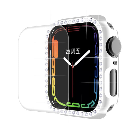 ENKAY Hat-Prince Electroplate PC Diamond Watch Case + Full Coverage Curved PET Screen Protector Film For Apple Watch Series 9 / 8 / 7 41mm(Silver)