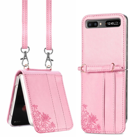 For Samsung Galaxy Z Flip 5G Diagonal Lanyard Embossed Card Phone Case(Pink) - Galaxy Phone Cases by buy2fix | Online Shopping UK | buy2fix