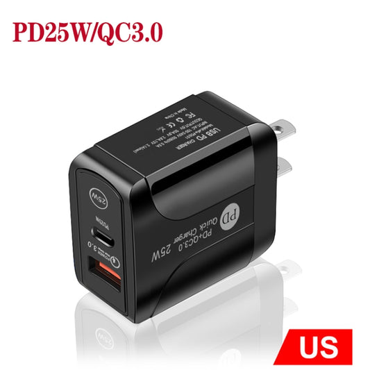 PD25W USB-C / Type-C + QC3.0 USB Dual Ports Fast Charger, US Plug(Black) - USB Charger by buy2fix | Online Shopping UK | buy2fix