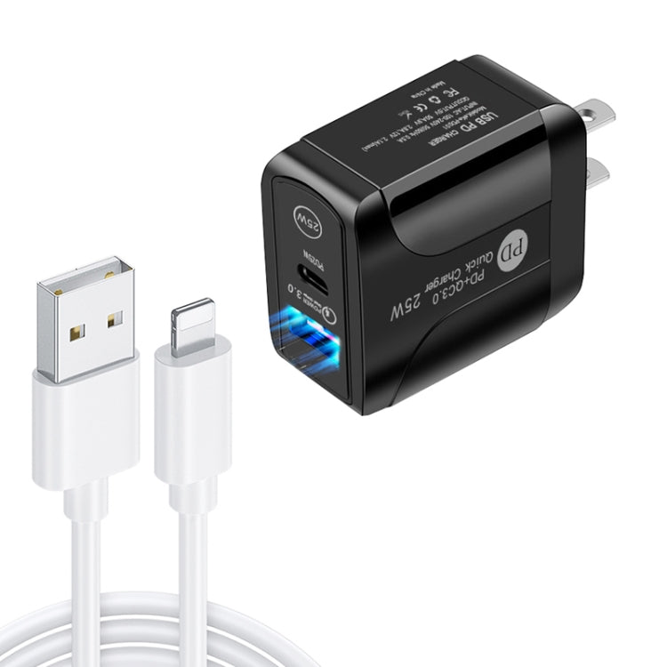 PD25W USB-C / Type-C + QC3.0 USB Dual Ports Fast Charger with USB to 8 Pin Data Cable, US Plug(Black) - USB Charger by buy2fix | Online Shopping UK | buy2fix