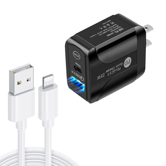 PD25W USB-C / Type-C + QC3.0 USB Dual Ports Fast Charger with USB to 8 Pin Data Cable, US Plug(Black) - USB Charger by buy2fix | Online Shopping UK | buy2fix