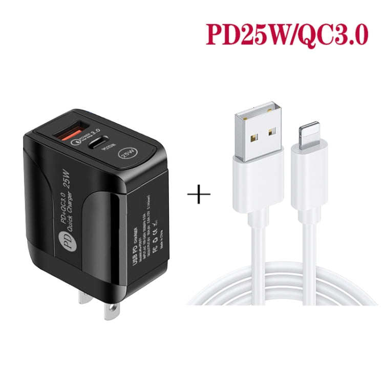 PD25W USB-C / Type-C + QC3.0 USB Dual Ports Fast Charger with USB to 8 Pin Data Cable, US Plug(Black) - USB Charger by buy2fix | Online Shopping UK | buy2fix