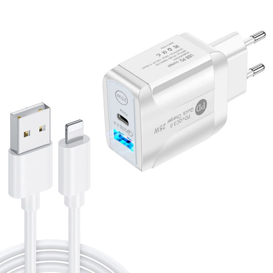 PD25W USB-C / Type-C + QC3.0 USB Dual Ports Fast Charger with USB to 8 Pin Data Cable, EU Plug(White) - USB Charger by buy2fix | Online Shopping UK | buy2fix