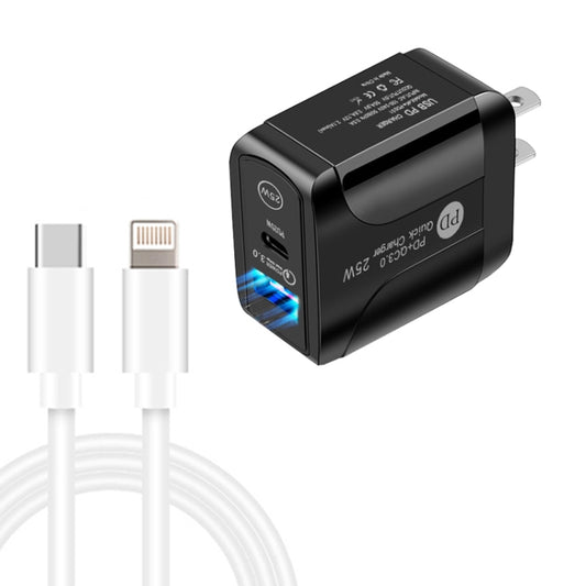 PD25W USB-C / Type-C + QC3.0 USB Dual Ports Fast Charger with USB-C to 8 Pin Data Cable, US Plug(Black) - USB Charger by buy2fix | Online Shopping UK | buy2fix