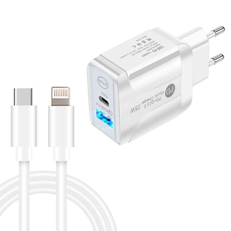 PD25W USB-C / Type-C + QC3.0 USB Dual Ports Fast Charger with USB-C to 8 Pin Data Cable, EU Plug(White) - USB Charger by buy2fix | Online Shopping UK | buy2fix