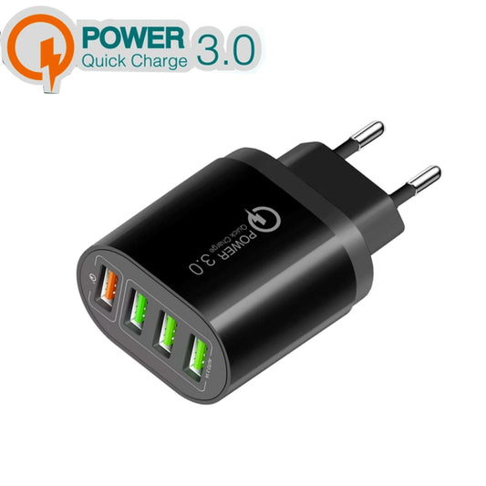 QC-04 QC3.0 + 3 x USB 2.0 Multi-ports Charger for Mobile Phone Tablet, EU Plug(Black) - USB Charger by buy2fix | Online Shopping UK | buy2fix