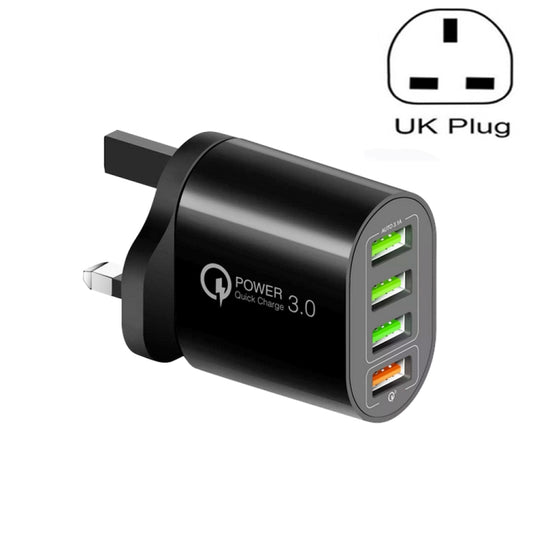 QC-04 QC3.0 + 3 x USB 2.0 Multi-ports Charger for Mobile Phone Tablet, UK Plug(Black) - USB Charger by buy2fix | Online Shopping UK | buy2fix