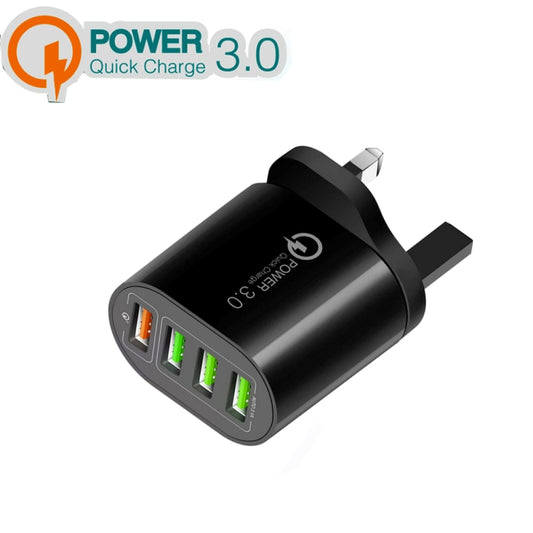 QC-04 QC3.0 + 3 x USB 2.0 Multi-ports Charger for Mobile Phone Tablet, UK Plug(Black) - USB Charger by buy2fix | Online Shopping UK | buy2fix