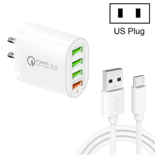 QC-04 QC3.0 + 3 x USB2.0 Multi-ports Charger with 3A USB to Type-C Data Cable, US Plug(White) - USB Charger by buy2fix | Online Shopping UK | buy2fix