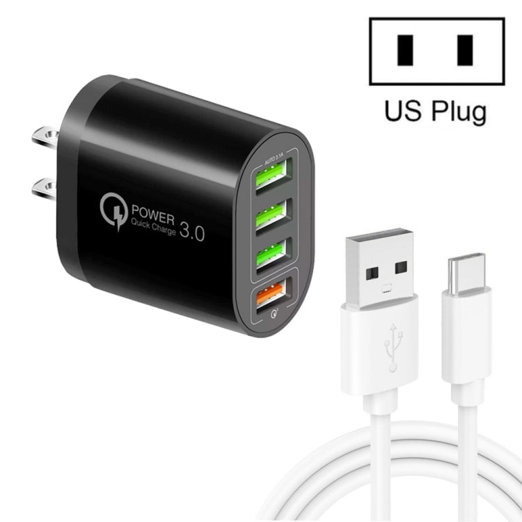QC-04 QC3.0 + 3 x USB2.0 Multi-ports Charger with 3A USB to Type-C Data Cable, US Plug(Black) - USB Charger by buy2fix | Online Shopping UK | buy2fix