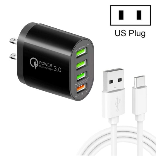 QC-04 QC3.0 + 3 x USB2.0 Multi-ports Charger with 3A USB to Type-C Data Cable, US Plug(Black) - USB Charger by buy2fix | Online Shopping UK | buy2fix