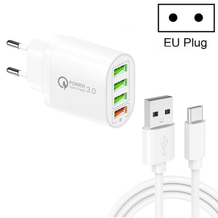 QC-04 QC3.0 + 3 x USB2.0 Multi-ports Charger with 3A USB to Type-C Data Cable, EU Plug(White) - USB Charger by buy2fix | Online Shopping UK | buy2fix