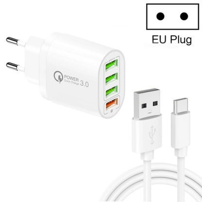 QC-04 QC3.0 + 3 x USB2.0 Multi-ports Charger with 3A USB to Type-C Data Cable, EU Plug(White) - USB Charger by buy2fix | Online Shopping UK | buy2fix