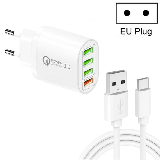 QC-04 QC3.0 + 3 x USB2.0 Multi-ports Charger with 3A USB to Type-C Data Cable, EU Plug(White) - USB Charger by buy2fix | Online Shopping UK | buy2fix