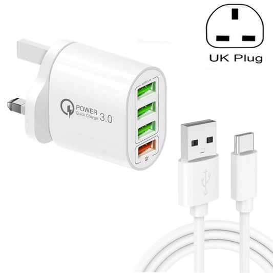QC-04 QC3.0 + 3 x USB2.0 Multi-ports Charger with 3A USB to Type-C Data Cable, UK Plug(White) - USB Charger by buy2fix | Online Shopping UK | buy2fix