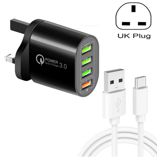 QC-04 QC3.0 + 3 x USB2.0 Multi-ports Charger with 3A USB to Type-C Data Cable, UK Plug(Black) - USB Charger by buy2fix | Online Shopping UK | buy2fix