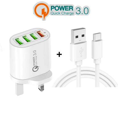 QC-04 QC3.0 + 3 x USB2.0 Multi-ports Charger with 3A USB to Type-C Data Cable, UK Plug(Black) - USB Charger by buy2fix | Online Shopping UK | buy2fix