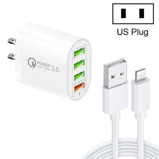QC-04 QC3.0 + 3 x USB2.0 Multi-ports Charger with 3A USB to 8 Pin Data Cable,US Plug(White) - USB Charger by buy2fix | Online Shopping UK | buy2fix
