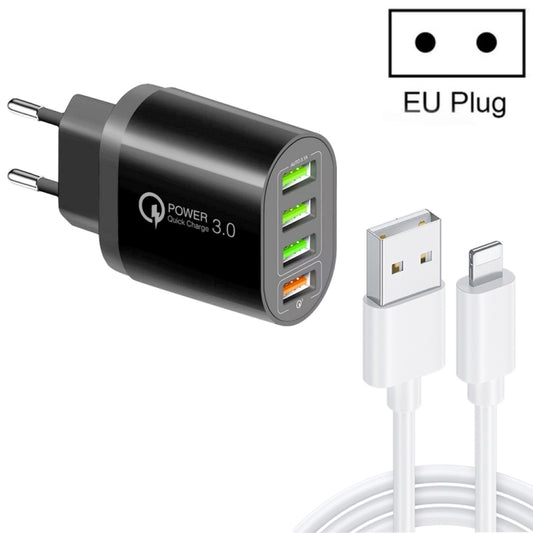 QC-04 QC3.0 + 3 x USB2.0 Multi-ports Charger with 3A USB to 8 Pin Data Cable, EU Plug(Black) - USB Charger by buy2fix | Online Shopping UK | buy2fix