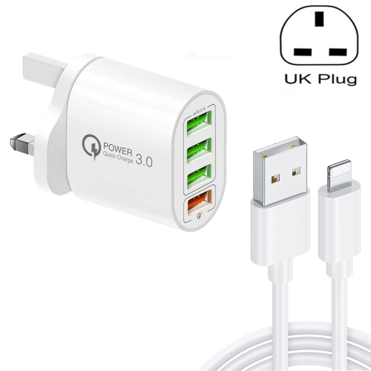 QC-04 QC3.0 + 3 x USB2.0 Multi-ports Charger with 3A USB to 8 Pin Data Cable, UK Plug(White) - USB Charger by buy2fix | Online Shopping UK | buy2fix