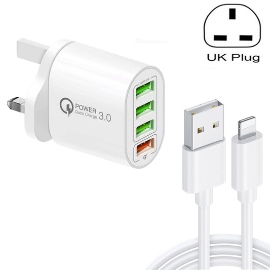 QC-04 QC3.0 + 3 x USB2.0 Multi-ports Charger with 3A USB to 8 Pin Data Cable, UK Plug(White) - USB Charger by buy2fix | Online Shopping UK | buy2fix