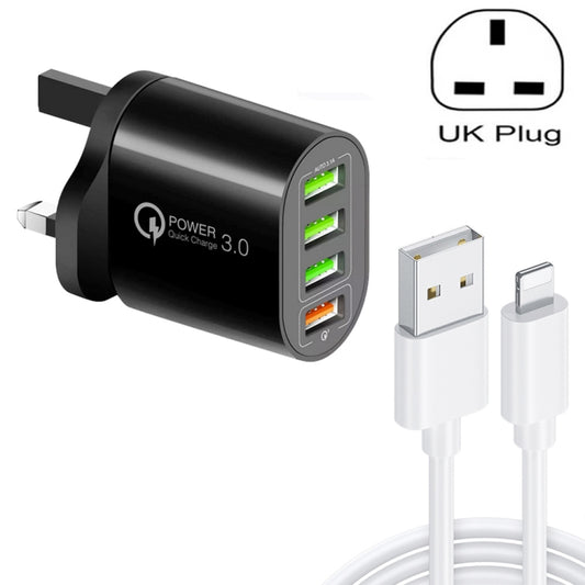 QC-04 QC3.0 + 3 x USB2.0 Multi-ports Charger with 3A USB to 8 Pin Data Cable, UK Plug(Black) - USB Charger by buy2fix | Online Shopping UK | buy2fix