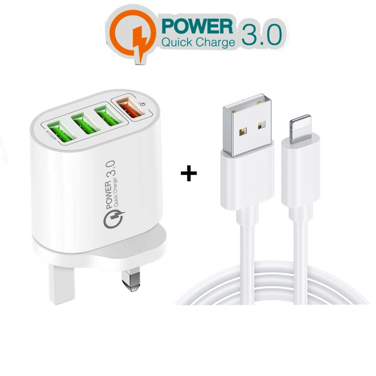 QC-04 QC3.0 + 3 x USB2.0 Multi-ports Charger with 3A USB to 8 Pin Data Cable, UK Plug(White) - USB Charger by buy2fix | Online Shopping UK | buy2fix