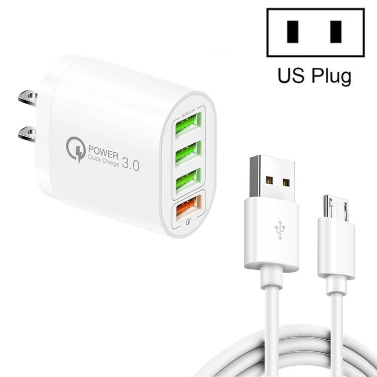 QC-04 QC3.0 + 3 x USB2.0 Multi-ports Charger with 3A USB to Micro USB Data Cable, US Plug(White) - USB Charger by buy2fix | Online Shopping UK | buy2fix