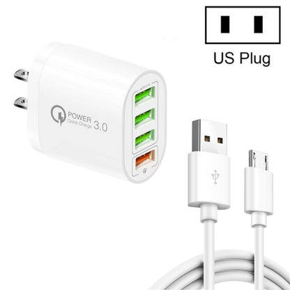 QC-04 QC3.0 + 3 x USB2.0 Multi-ports Charger with 3A USB to Micro USB Data Cable, US Plug(White) - USB Charger by buy2fix | Online Shopping UK | buy2fix