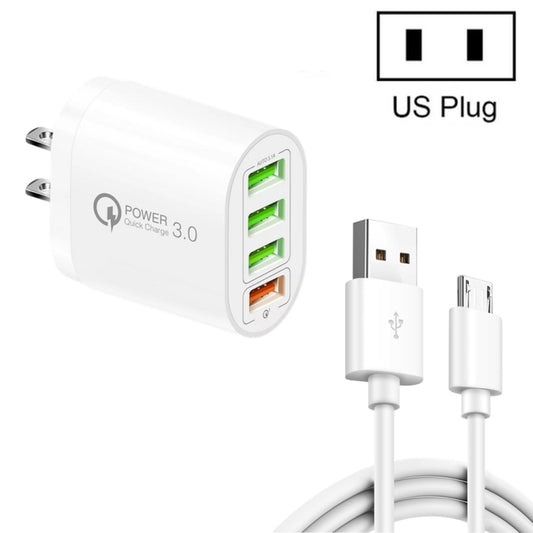 QC-04 QC3.0 + 3 x USB2.0 Multi-ports Charger with 3A USB to Micro USB Data Cable, US Plug(White) - USB Charger by buy2fix | Online Shopping UK | buy2fix