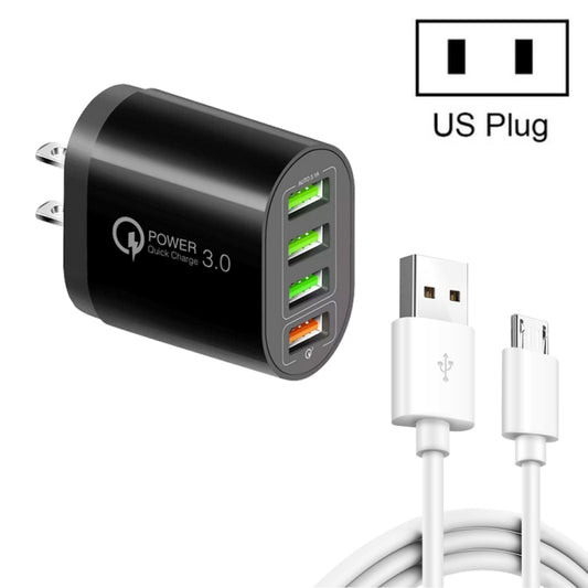 QC-04 QC3.0 + 3 x USB2.0 Multi-ports Charger with 3A USB to Micro USB Data Cable, US Plug(Black) - USB Charger by buy2fix | Online Shopping UK | buy2fix