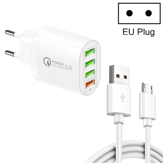 QC-04 QC3.0 + 3 x USB2.0 Multi-ports Charger with 3A USB to Micro USB Data Cable, EU Plug(White) - USB Charger by buy2fix | Online Shopping UK | buy2fix