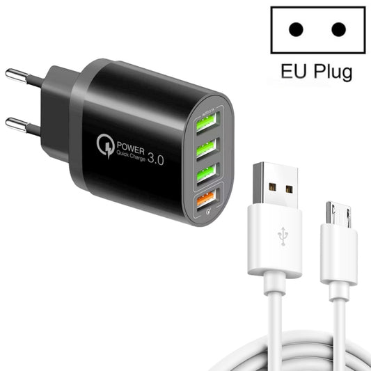 QC-04 QC3.0 + 3 x USB2.0 Multi-ports Charger with 3A USB to Micro USB Data Cable, EU Plug(Black) - USB Charger by buy2fix | Online Shopping UK | buy2fix