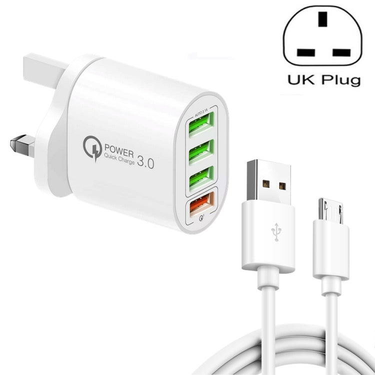 QC-04 QC3.0 + 3 x USB2.0 Multi-ports Charger with 3A USB to Micro USB Data Cable, UK Plug(White) - USB Charger by buy2fix | Online Shopping UK | buy2fix
