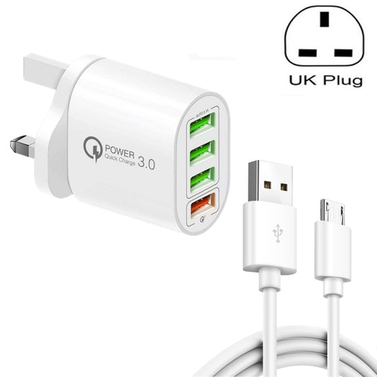 QC-04 QC3.0 + 3 x USB2.0 Multi-ports Charger with 3A USB to Micro USB Data Cable, UK Plug(White) - USB Charger by buy2fix | Online Shopping UK | buy2fix