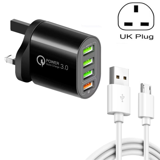 QC-04 QC3.0 + 3 x USB2.0 Multi-ports Charger with 3A USB to Micro USB Data Cable, UK Plug(Black) - USB Charger by buy2fix | Online Shopping UK | buy2fix