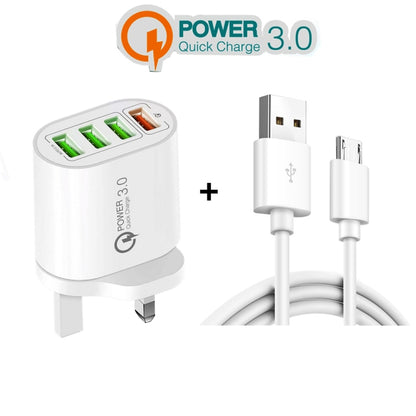 QC-04 QC3.0 + 3 x USB2.0 Multi-ports Charger with 3A USB to Micro USB Data Cable, UK Plug(Black) - USB Charger by buy2fix | Online Shopping UK | buy2fix