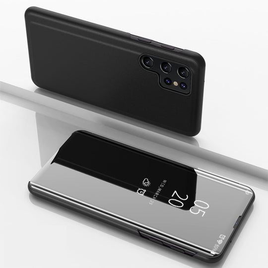 Pour Samsung Galaxy S22 Ultra 5G Étui en cuir à rabat horizontal avec miroir plaqué avec support (noir)