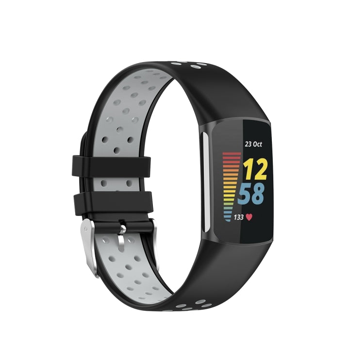 For Fitbit Charge 5 Double Color Metal Buckle Hole Silicone Watch Band(Black Gray) - Watch Bands by buy2fix | Online Shopping UK | buy2fix