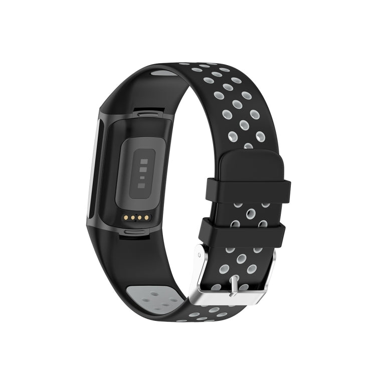 For Fitbit Charge 5 Double Color Metal Buckle Hole Silicone Watch Band(Black Gray) - Watch Bands by buy2fix | Online Shopping UK | buy2fix