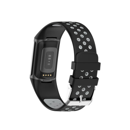 For Fitbit Charge 5 Double Color Metal Buckle Hole Silicone Watch Band(Black Gray) - Watch Bands by buy2fix | Online Shopping UK | buy2fix
