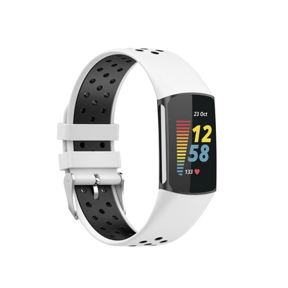 For Fitbit Charge 5 Double Color Metal Buckle Hole Silicone Watch Band(White Black) - Watch Bands by buy2fix | Online Shopping UK | buy2fix
