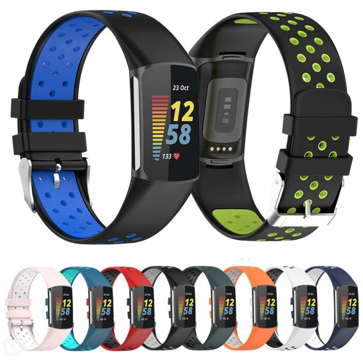 For Fitbit Charge 5 Double Color Metal Buckle Hole Silicone Watch Band(Black Gray) - Watch Bands by buy2fix | Online Shopping UK | buy2fix